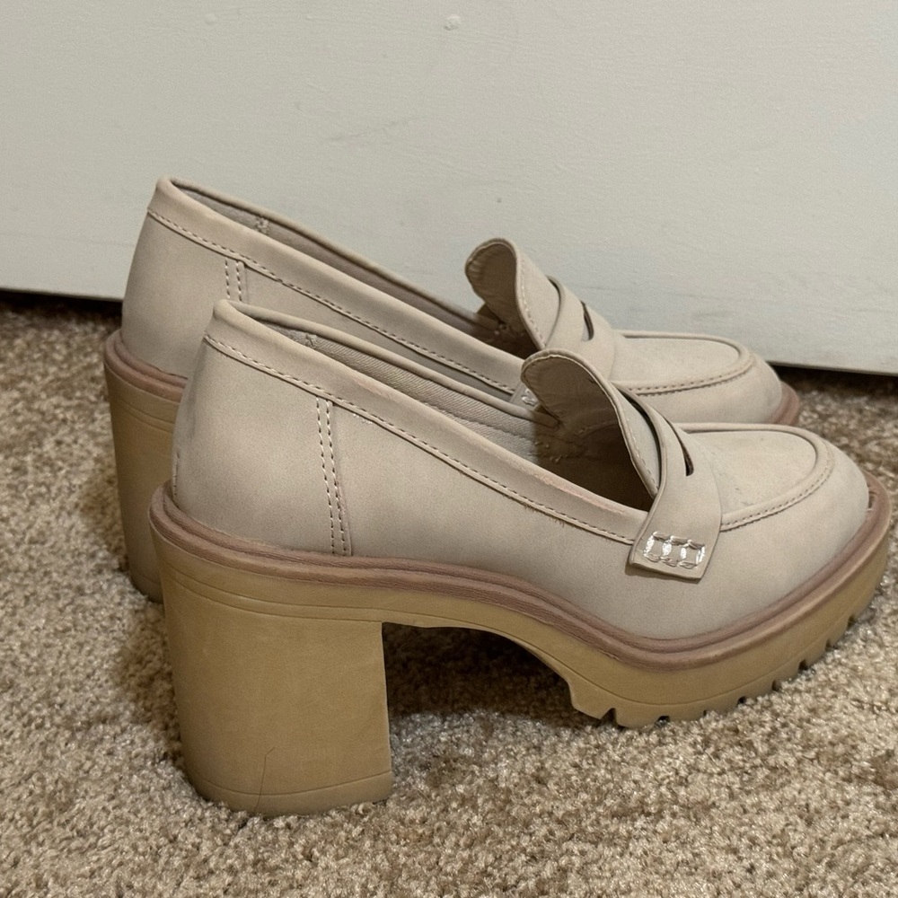 Beige block heel loafers